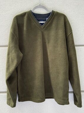 Y2K Gap Men's Olive Green V-Neck Fleece Sweater